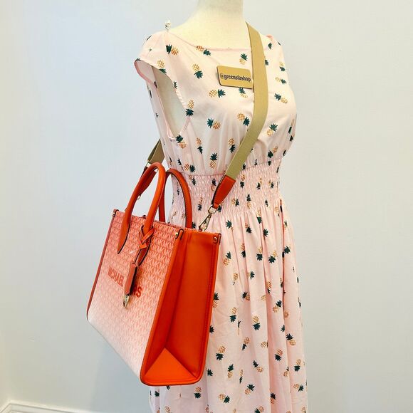 Michael Kors Purse Mirella Medium Ombré Logo Tote Bag Red Clay - Picture 8 of 8